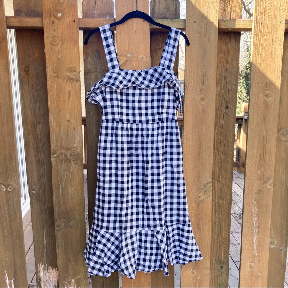 J Crew Black and White Gingham Ruffle Dress Size 10